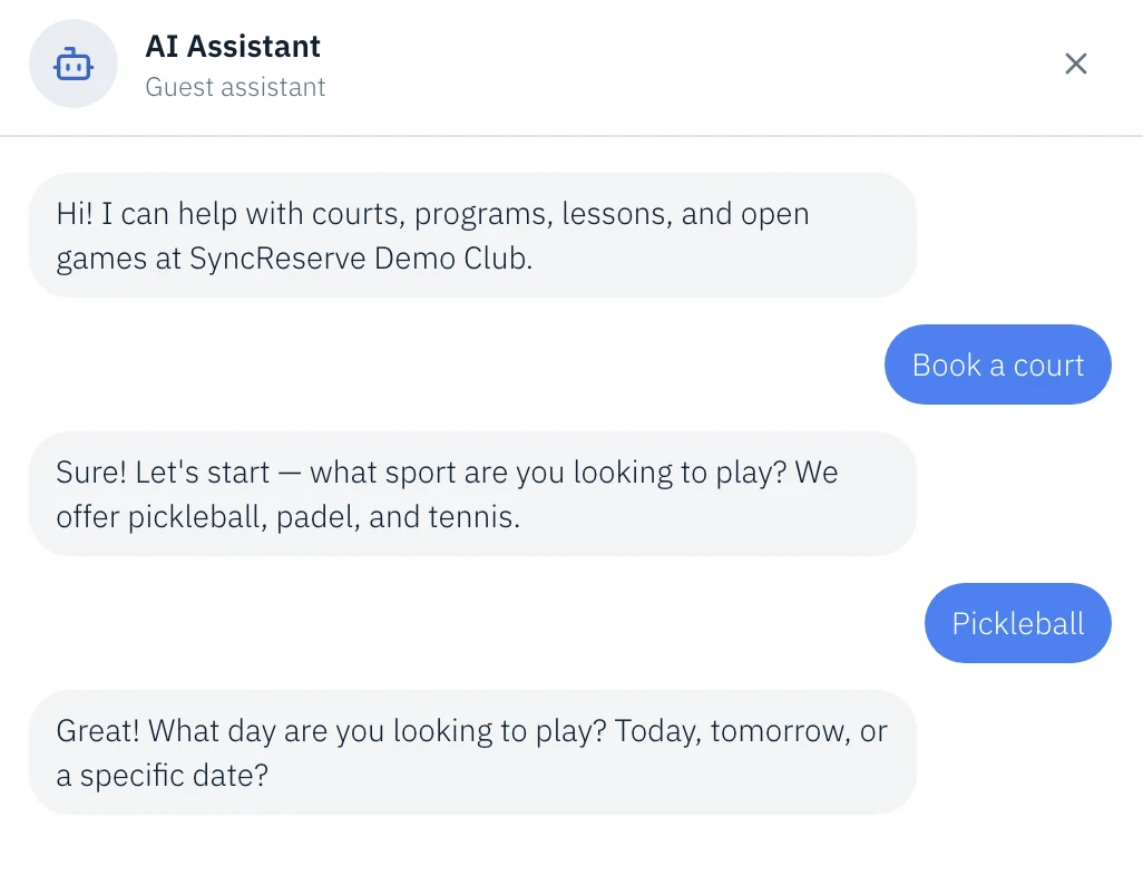 SyncReserve AI assistant chat helping a guest book a court from the member portal