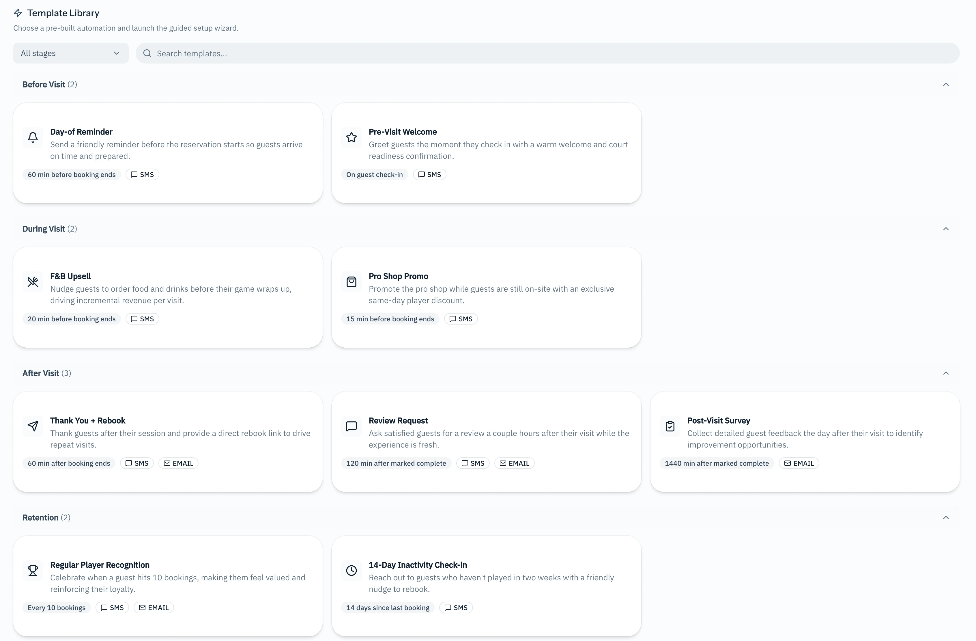 SyncReserve automation template library showing pre-built guest messaging workflows before, during, and after visits
