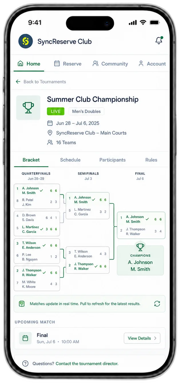 SyncReserve member app showing a live tournament bracket