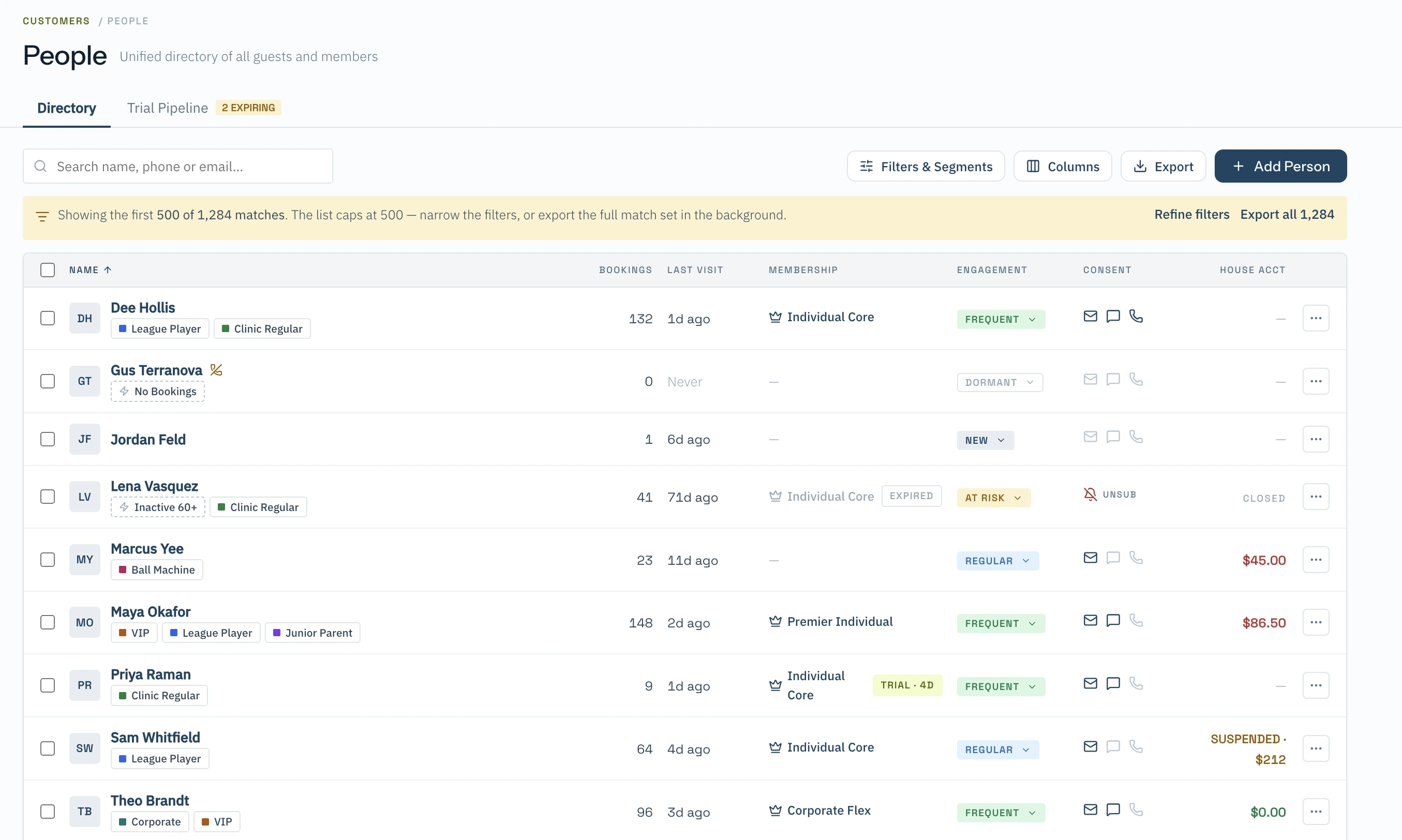 SyncReserve admin CRM people directory showing guest and member records, engagement status, consent, and account balances