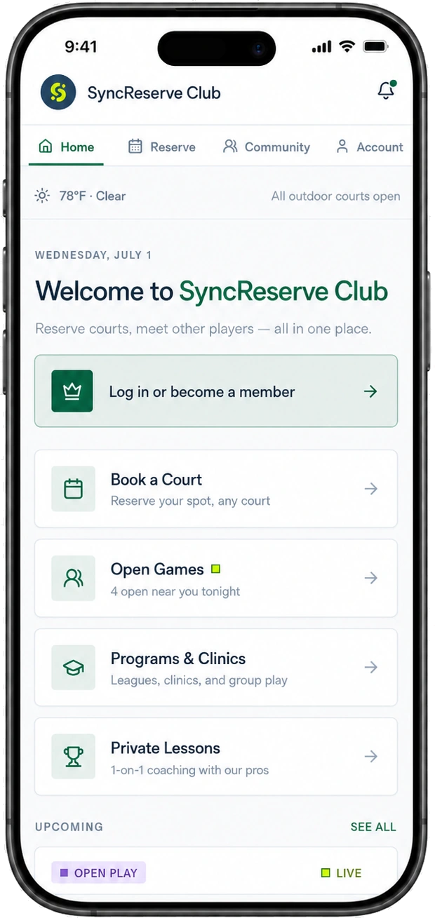 SyncReserve Club member mobile home screen