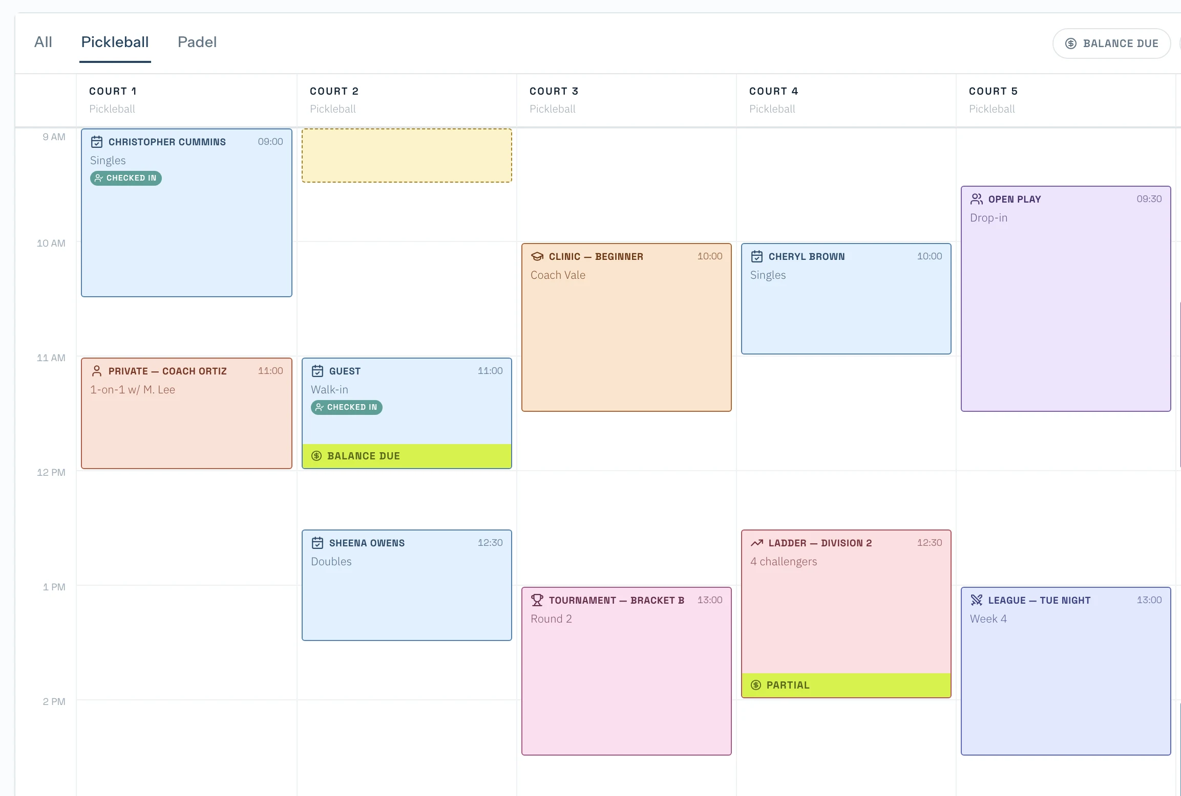 SyncReserve admin calendar showing color-coded pickleball bookings across six courts