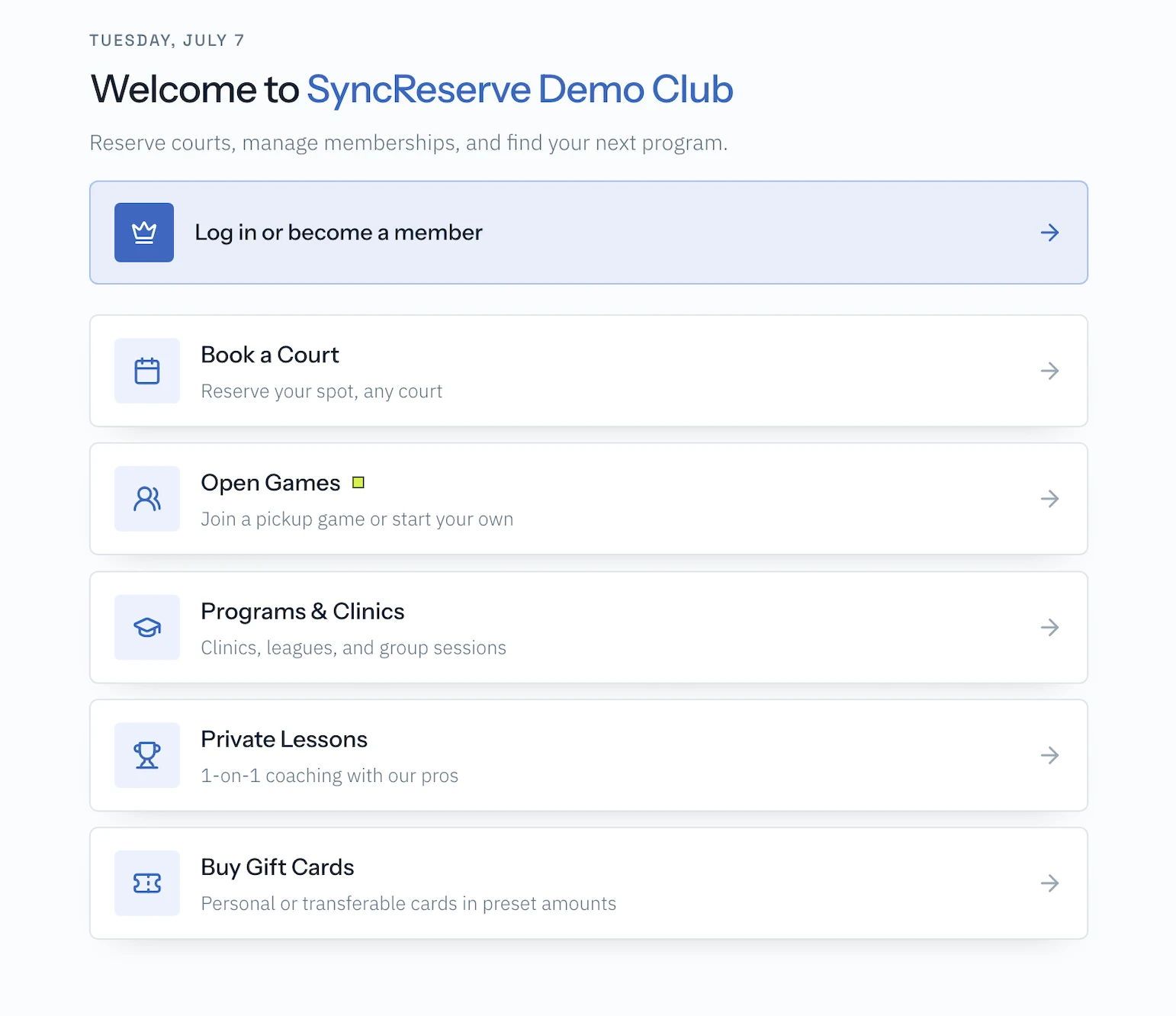 SyncReserve member booking portal with court, program, lesson, and gift card options